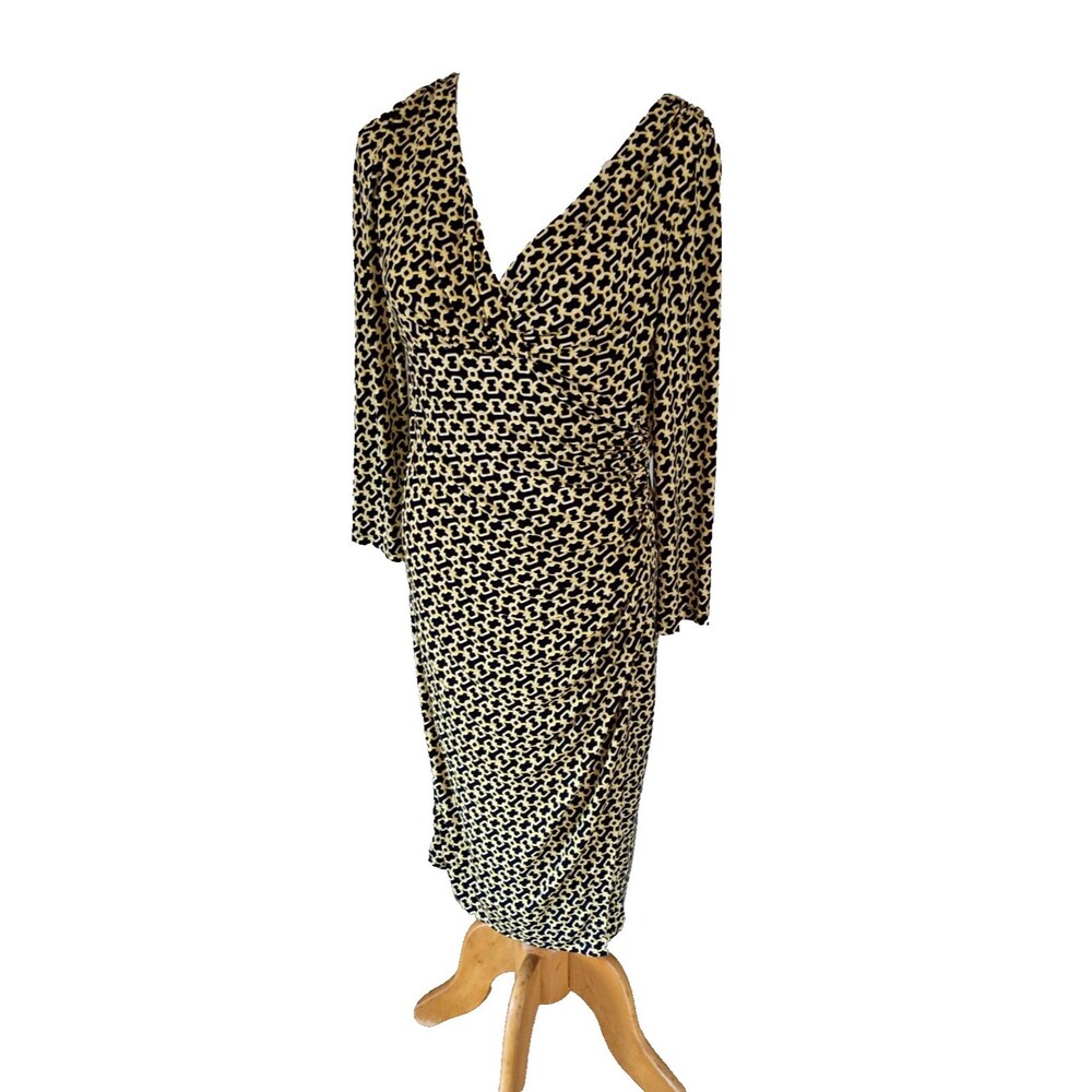 Lauren Ralph Lauren Black  Faux Wrap  Chain Print Dress 3/4 Sleeve Ruched Size 8